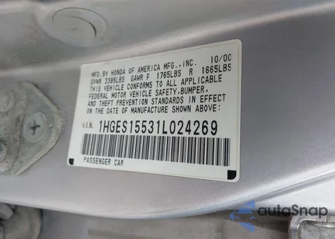 2001 Honda Civic Lx from USA, damaged, VIN 1HGES15531L024269